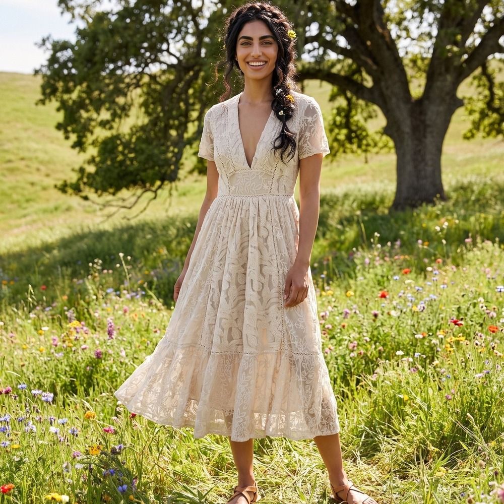 Free People Embroidered Lace Midi Dress Womens 0 Cream Boho Romantic Cottage